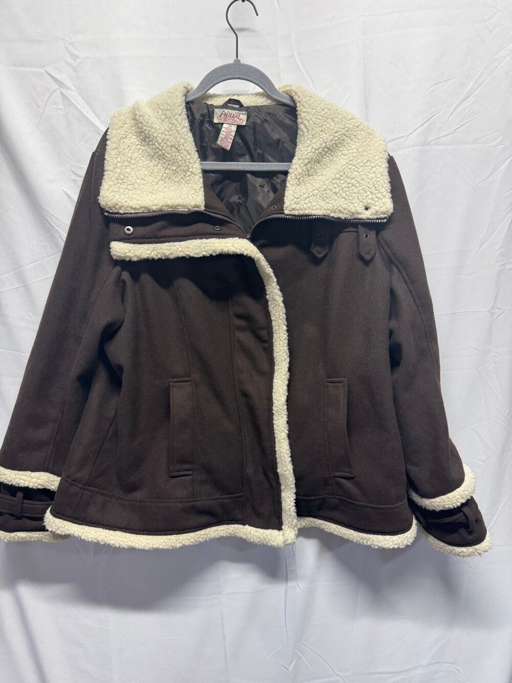 Aviva Womens Brown Plus Size 3X Faux Suede Sherpa Trucker Jacket Cozy Coat